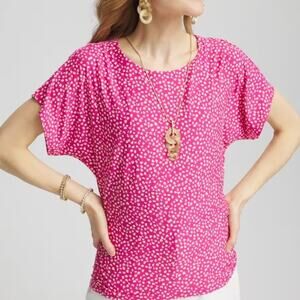 NWT Chico's Touch of Cool Cheetah Ruched Banded Hem Top Lg Pink Summer coastal